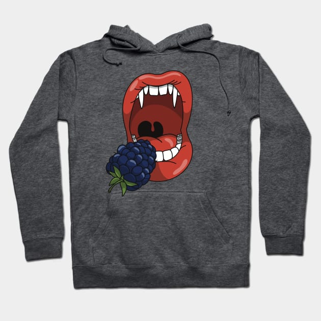 Mouth with vampire teeth about to take a bite into a blue berry Hoodie by Fruit Tee